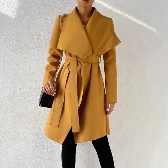 . Jackets & Blazers - Belted Waterfall Collar Trench Overcoat Coat Jacket